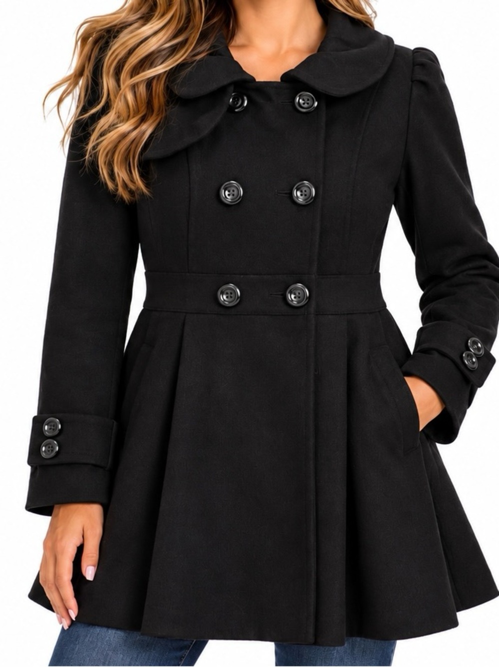 Guess Women’s L Black Wool Blend Y2K Fit & Flare Double Breasted Coat